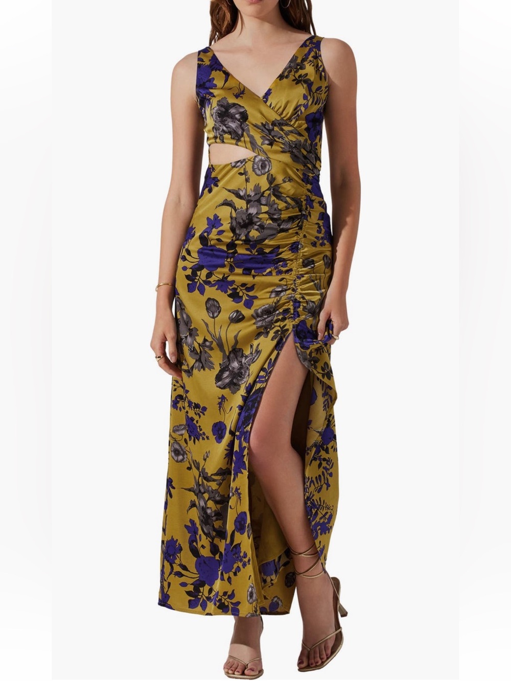 Astr Floral Cutout Maxi Dress in Chartreuse, Indigo, and Black